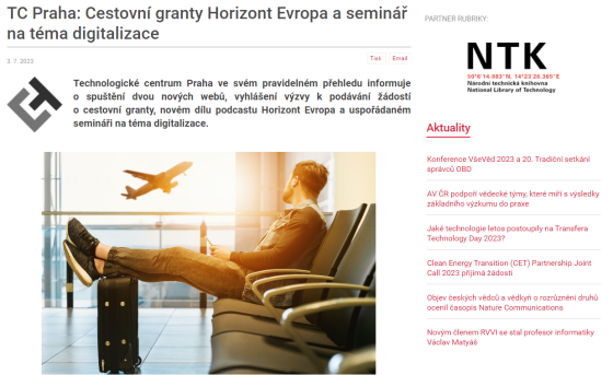 TC Praha: Cestovní granty Horizont Evropa a seminář na téma digitalizace