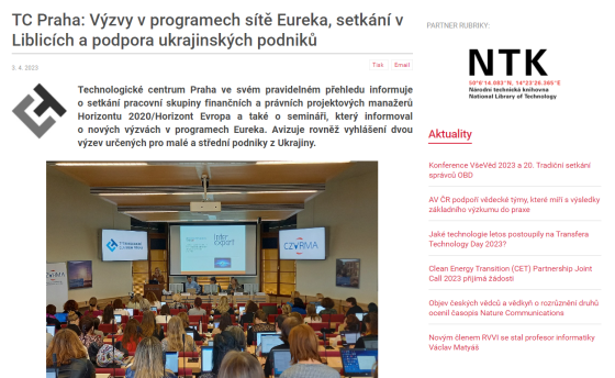 TC Praha: Výzvy v programech sítě Eureka, setkání v Liblicích a podpora ukrajinských podniků