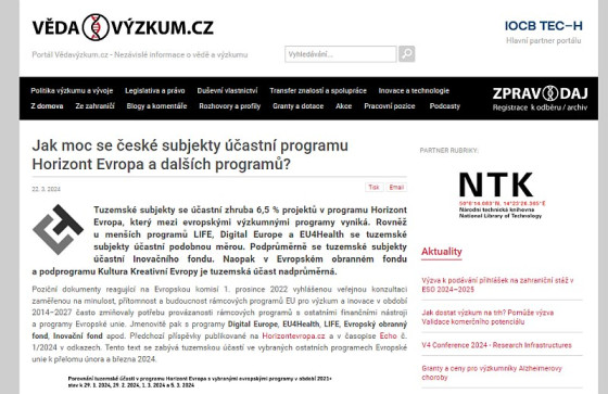 Jak moc se české subjekty účastní programu Horizont Evropa a dalších programů?