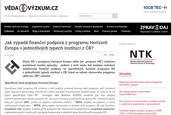 Jak vypadá finanční podpora z programu Horizont Evropa v jednotlivých typech institucí z ČR?