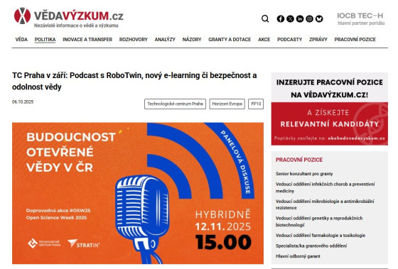 TC Praha v září: Podcast s RoboTwin, nový e-learning či bezpečnost a odolnost vědy