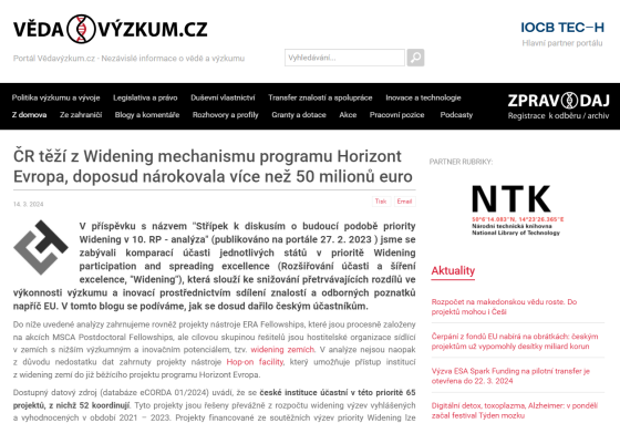 ČR těží z Widening mechanismu programu Horizont Evropa, doposud nárokovala více než 50 milionů euro