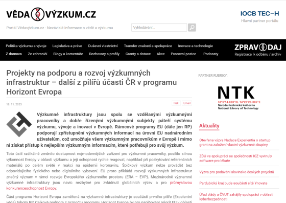Projekty na podporu a rozvoj výzkumných infrastruktur – další z pilířů účasti ČR v programu Horizont Evropa