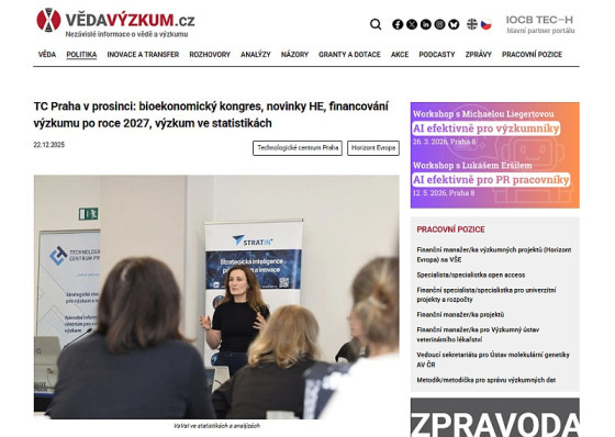 TC Praha v prosinci: bioekonomický kongres, novinky HE, financování výzkumu po roce 2027, výzkum ve statistikách