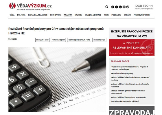 Rozložení finanční podpory pro ČR v tematických oblastech programů H2020 a HE