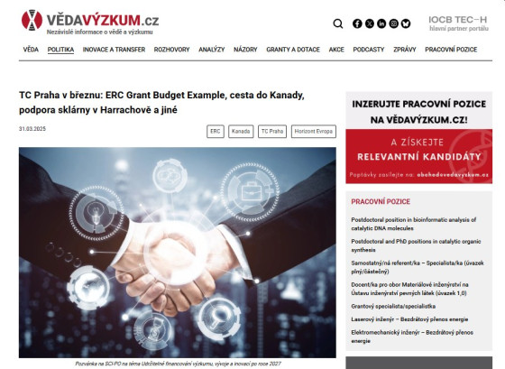TC Praha v březnu: ERC Grant Budget Example, cesta do Kanady, podpora sklárny v Harrachově a jiné