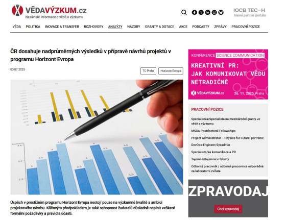ČR dosahuje nadprůměrných výsledků v přípravě návrhů projektů v programu Horizont Evropa