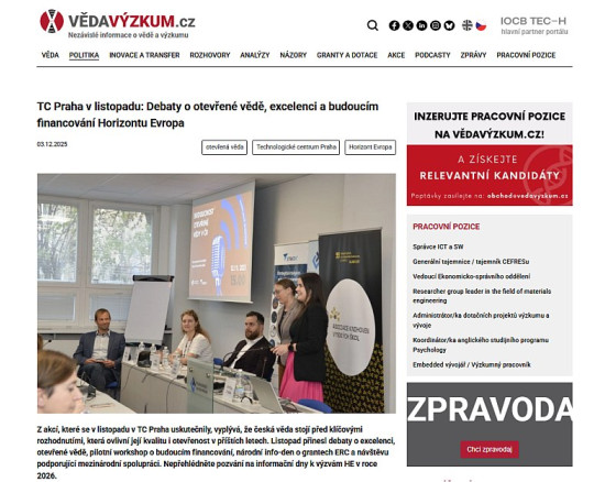 TC Praha v listopadu: Debaty o otevřené vědě, excelenci a budoucím financování Horizontu Evropa