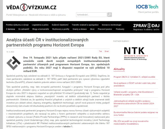 Analýza účasti ČR v institucionalizovaných partnerstvích programu Horizont Evropa