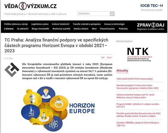 TC Praha: Analýza finanční podpory ve specifických částech programu Horizont Evropa v období 2021–2023