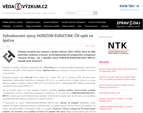 Vyhodnocení výzvy HORIZON EURATOM: ČR opět ve špičce