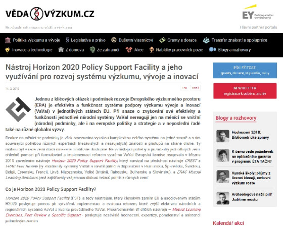Nástroj Horizon 2020 Policy Support Facility a jeho využívání pro rozvoj systému výzkumu, vývoje a inovací 
