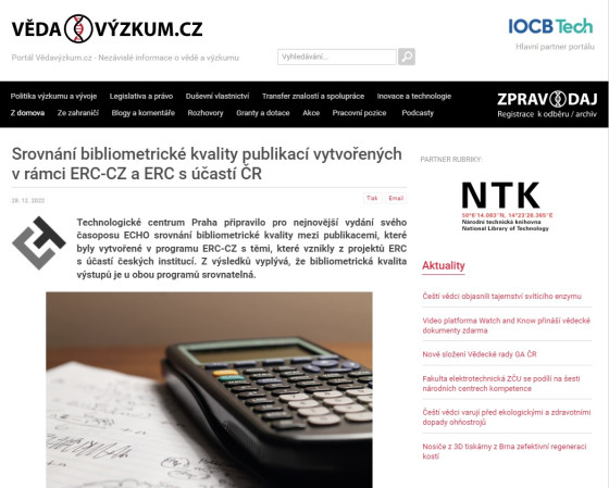 Srovnání bibliometrické kvality publikací vytvořených v rámci ERC-CZ a ERC s účastí ČR