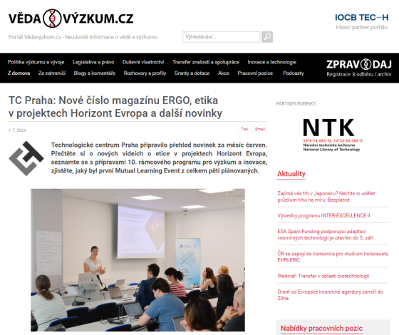 TC Praha: Nové číslo magazínu ERGO, etika v projektech Horizont Evropa a další novinky