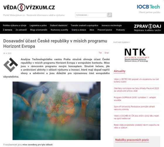 Dosavadní účast České republiky v misích programu Horizont Evropa