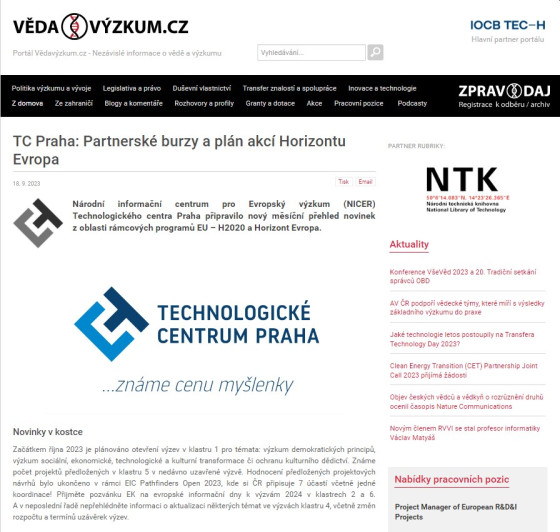 TC Praha: Partnerské burzy a plán akcí Horizontu Evropa
