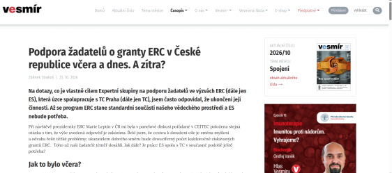 Podpora žadatelů o granty ERC v České republice včera a dnes. A zítra?
