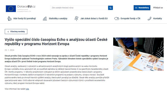 Vyšlo speciální číslo časopisu Echo s analýzou účasti České republiky v programu Horizont Evropa