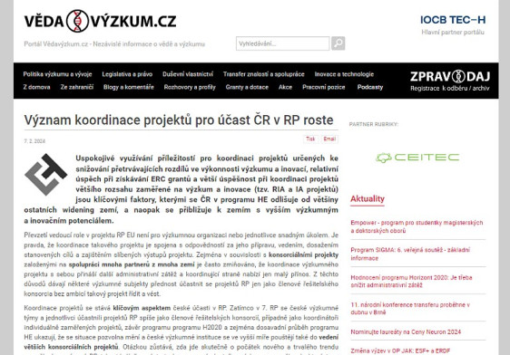 Význam koordinace projektů pro účast ČR v RP roste