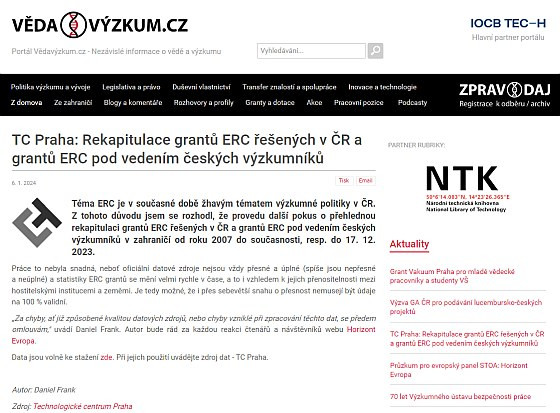 Rekapitulace grantů ERC řešených v ČR a grantů ERC pod vedením českých výzkumníků