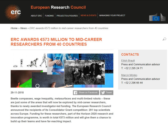 Výsledky výzvy ERC Consolidator Grants 2018