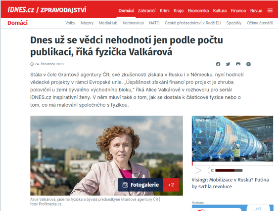Dnes už se vědci nehodnotí jen podle počtu publikací, říká fyzička Valkárová