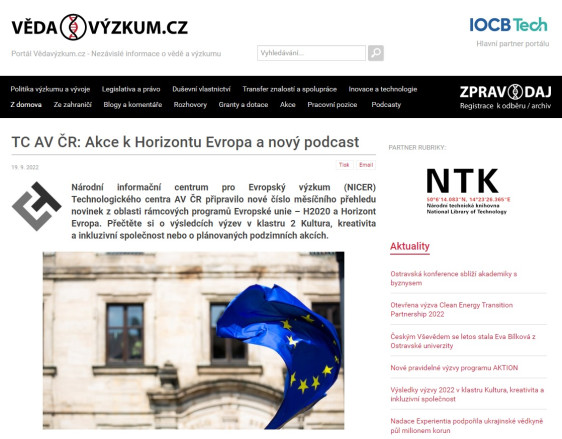 Měsíční přehled novinek z H2020 a Horizont Evropa