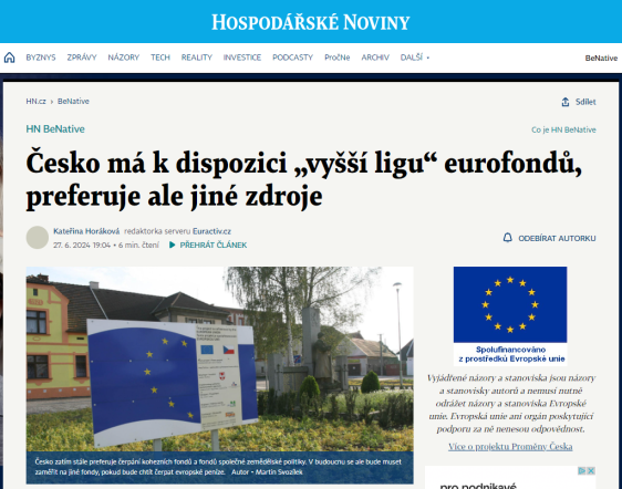 Česko má k dispozici „vyšší ligu“ eurofondů, preferuje ale jiné zdroje