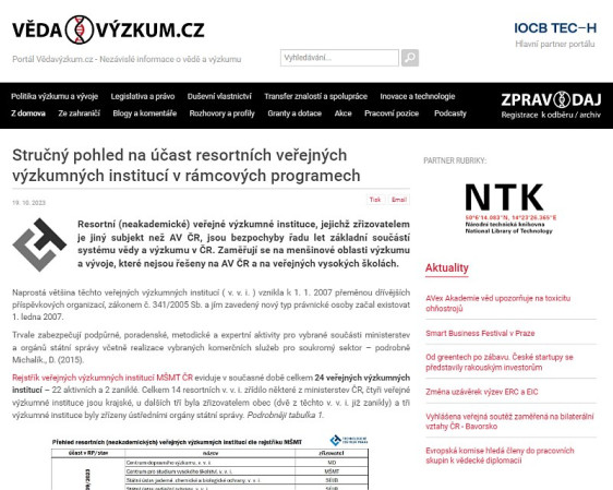 Stručný pohled na účast resortních veřejných výzkumných institucí v rámcových programech