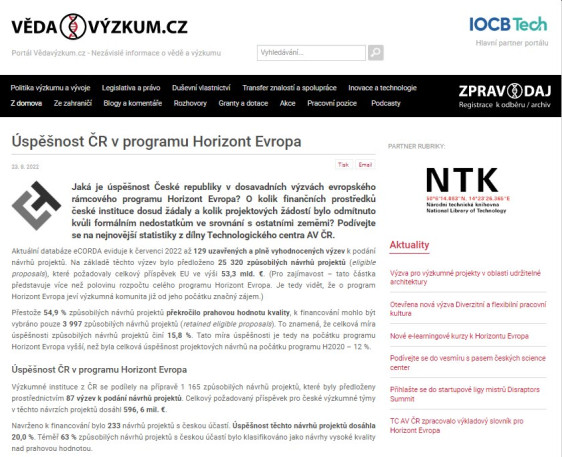 Úspěšnost ČR v programu Horizont Evropa