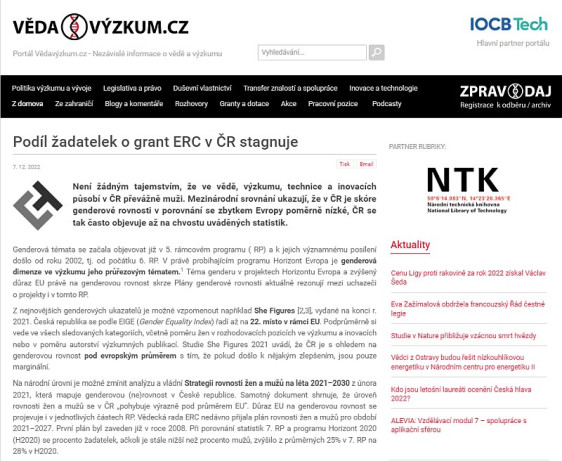 Podíl žadatelek o grant ERC v ČR stagnuje