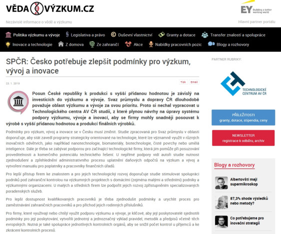 SPČR: Česko potřebuje zlepšit podmínky pro výzkum, vývoj a inovace