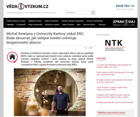 Michal Smetana z Univerzity Karlovy získal ERC. Bude zkoumat, jak veřejné mínění ovlivňuje bezpečnostní aliance
