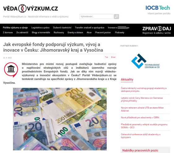 Jak evropské fondy podporují výzkum, vývoj a inovace v Česku: Jihomoravský kraj a Vysočina