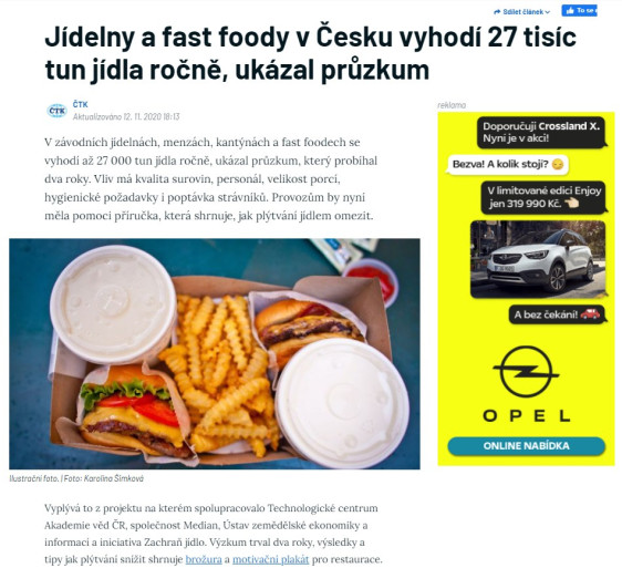 Jídelny a fast foody v Česku vyhodí 27 tisíc tun jídla ročně, ukázal průzkum