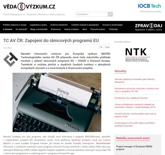 Měsíční přehled novinek z H2020 a Horizontu Evropa na Vědavýzkum.cz