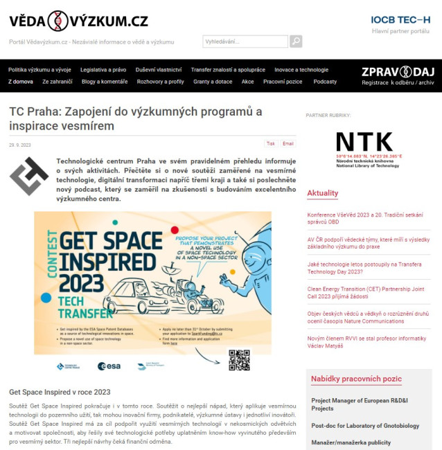 TC Praha: Zapojení do výzkumných programů a inspirace vesmírem